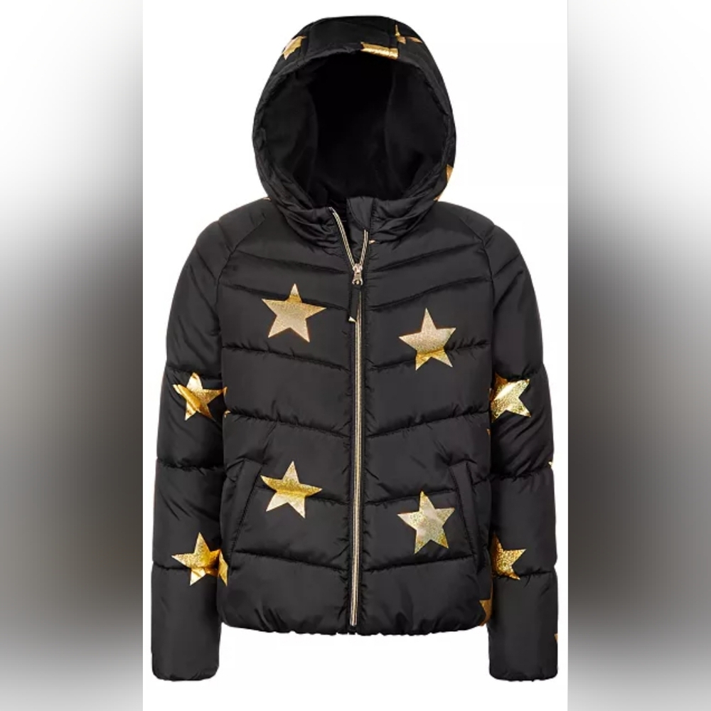 Rothschild Black Puffer Jacket with Gold Star Print and Hood